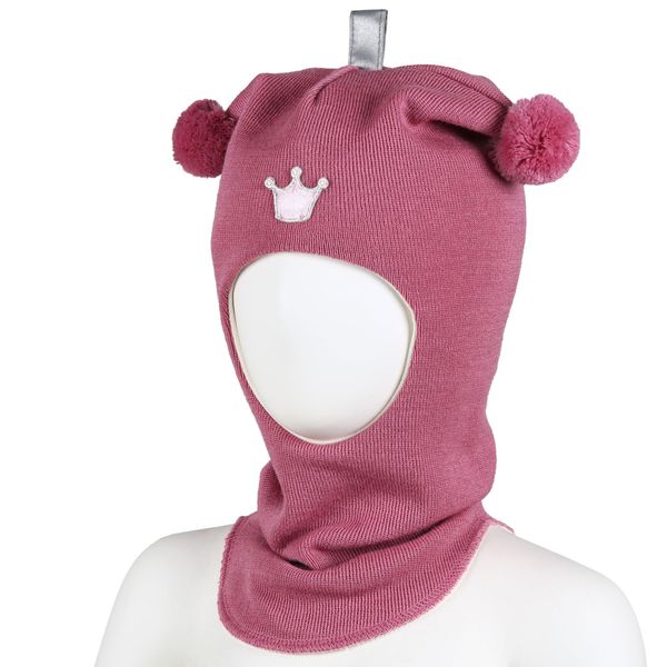 Kivat, mørk rosa hettelue i ull med prinsessekrone og dusker