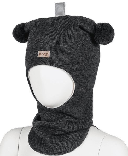Kivat,  koksgrå hettelue i ull med kivatlogo og dusker