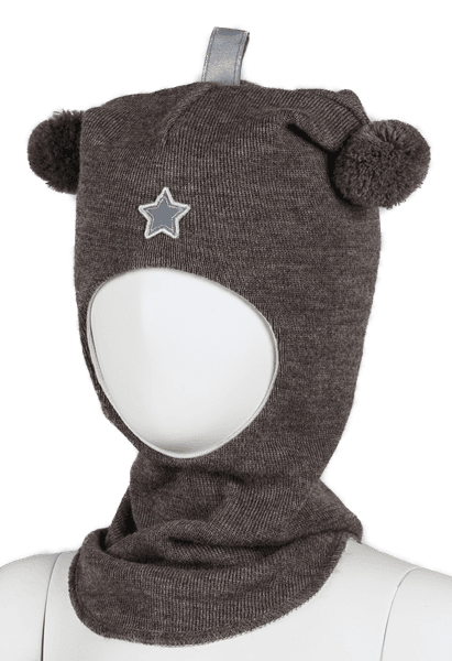 Kivat, brunmelert hettelue i ull med dusker og refleksstjerne