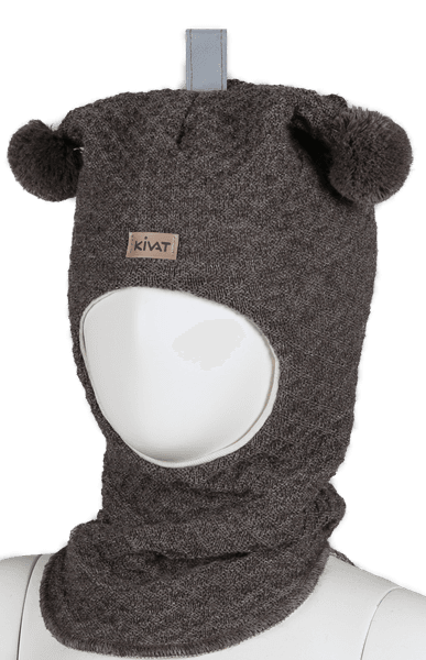 Kivat, mørk brun hettelue i ull med strukturmønster og kivatlogo