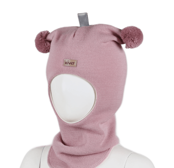 Kivat,  pudderrosa hettelue i ull med kivatlogo og dusker
