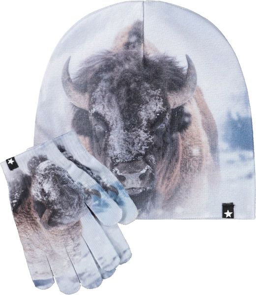 Molo lue og vanter Kaya bison close up