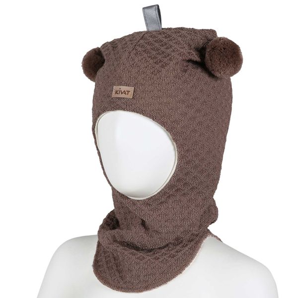 Kivat, brun hettelue i ull med strukturmønster og kivatlogo